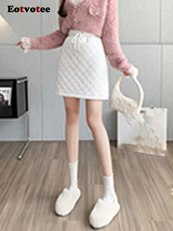 Eotvotee női szoknyák ősz tél 2023 új steppelt pamut párnázott, elasztikus, magas derékú szoknya elegáns vonalvezetésű, fűzős miniszoknya