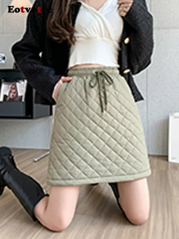Eotvotee női szoknyák ősz tél 2023 új steppelt pamut párnázott, elasztikus, magas derékú szoknya elegáns vonalvezetésű, fűzős miniszoknya