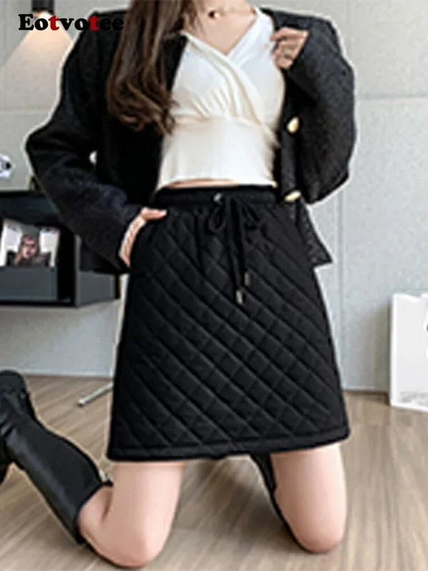 Eotvotee női szoknyák ősz tél 2023 új steppelt pamut párnázott, elasztikus, magas derékú szoknya elegáns vonalvezetésű, fűzős miniszoknya