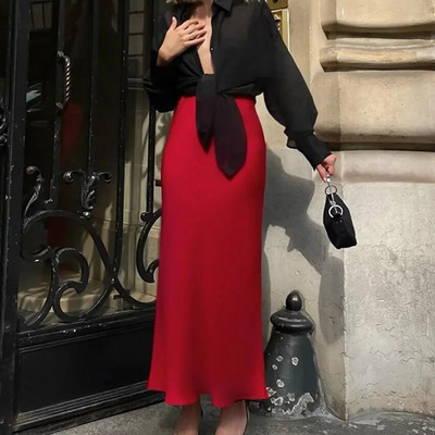 2024 tavaszi divat női hosszú szoknyák szatén tömör A-vonalú magas derekú szexi midi szoknya női elegáns luxus Faldas női ruházat