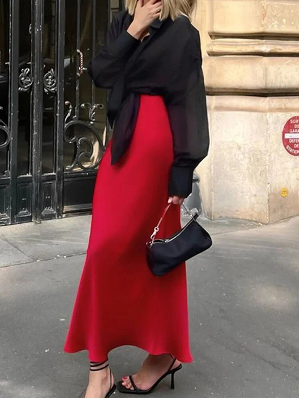 2024 tavaszi divat női hosszú szoknyák szatén tömör A-vonalú magas derekú szexi midi szoknya női elegáns luxus Faldas női ruházat