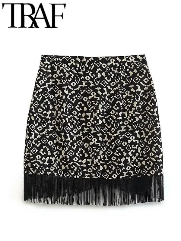 TRAF GAL 2023 m. vasaros moterų senoviniai marginti sijonai, šoniniai užtrauktukai su kutu apvadu, mažas moteriškas sijonas Elegantiški sijonai aukštu juosmeniu Y2K