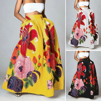 Bohemian Floral Print Maxi Φούστες για Γυναικείες Ψηλόμεση Party Τσέπες Παραλία Μακριές πλισέ φούστες 2023 New Plus Size Юбка Женская