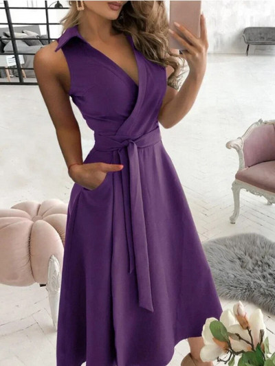 Elegantna šik haljina košulja, ljetna nova moda, seksi haljina bez rukava, haljina s V-izrezom i stražnjicom za žene, uredska ženska haljina za zabavu