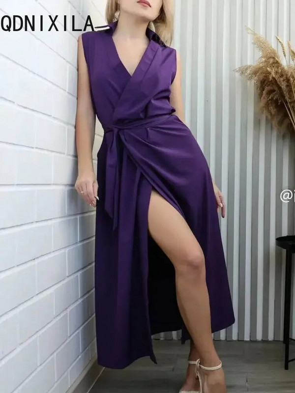 Elegantna šik haljina košulja, ljetna nova moda, seksi haljina bez rukava, haljina s V-izrezom i stražnjicom za žene, uredska ženska haljina za zabavu