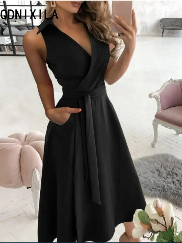 Elegantna šik haljina košulja, ljetna nova moda, seksi haljina bez rukava, haljina s V-izrezom i stražnjicom za žene, uredska ženska haljina za zabavu