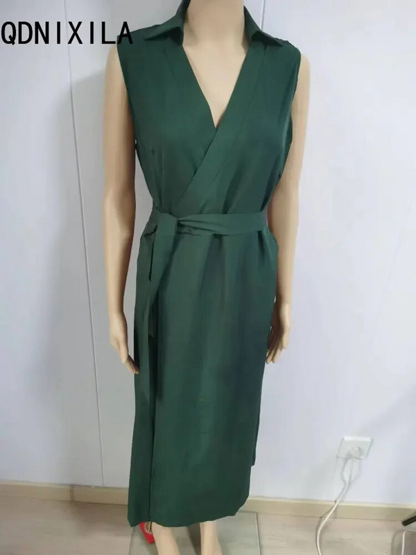 Elegantna šik haljina košulja, ljetna nova moda, seksi haljina bez rukava, haljina s V-izrezom i stražnjicom za žene, uredska ženska haljina za zabavu