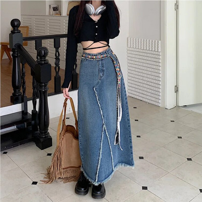 S-XXL Y2K Vintage duga traper suknja srednje dužine Ženska ljetna korejska moda Estetski remeni visokog struka Traperice a kroja Ženske