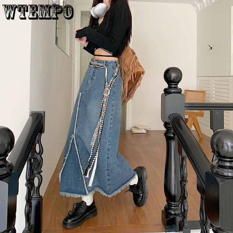 S-XXL Y2K Vintage duga traper suknja srednje dužine Ženska ljetna korejska moda Estetski remeni visokog struka Traperice a kroja Ženske