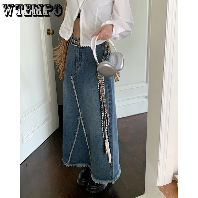 S-XXL Y2K Vintage duga traper suknja srednje dužine Ženska ljetna korejska moda Estetski remeni visokog struka Traperice a kroja Ženske