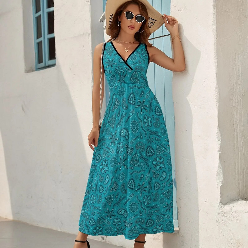 Karikatūra Microbes - Teal kleita bez piedurknēm vasaras kleita sievietēm 2023. gada kleita ar garām piedurknēm korejiešu stila kleita
