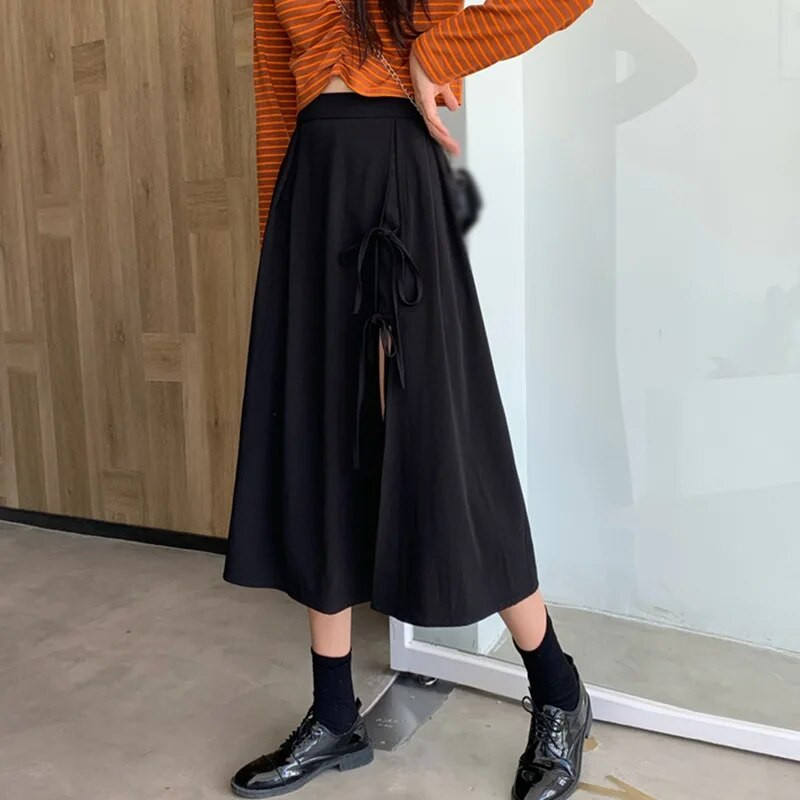 Női divatos oldalra osztott szoknya nyári vékony, közepes hosszúságú szoknya tömör coloe női szabálytalan fűzős szoknyák