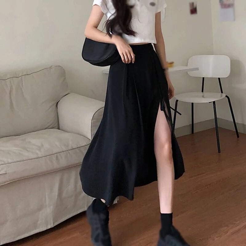 Női divatos oldalra osztott szoknya nyári vékony, közepes hosszúságú szoknya tömör coloe női szabálytalan fűzős szoknyák