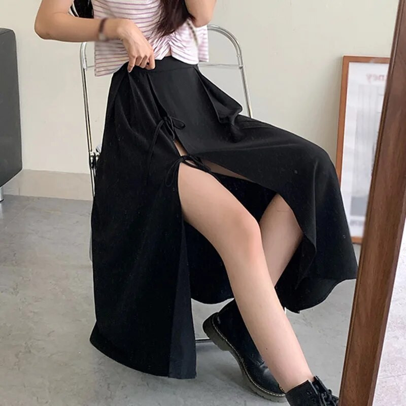 Női divatos oldalra osztott szoknya nyári vékony, közepes hosszúságú szoknya tömör coloe női szabálytalan fűzős szoknyák