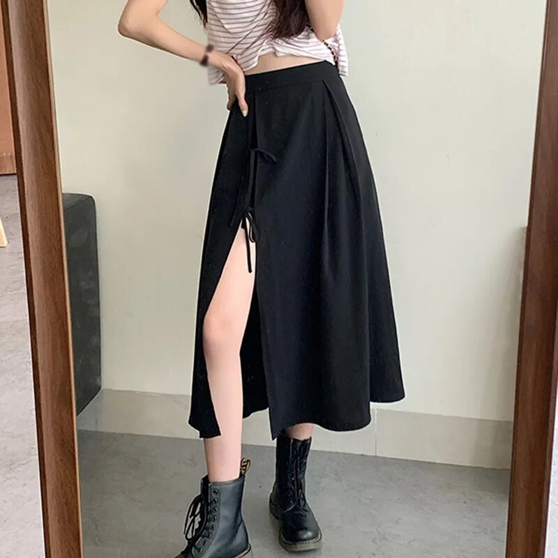 Női divatos oldalra osztott szoknya nyári vékony, közepes hosszúságú szoknya tömör coloe női szabálytalan fűzős szoknyák