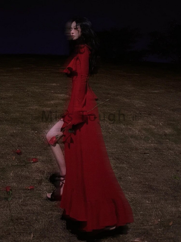 Rudens sarkana vintage eleganta sieviešu kleita ar uzliesmojošām piedurknēm Dizainera salda gara kleita Sieviešu volāni Retro princeses neregulāra kleita 2023