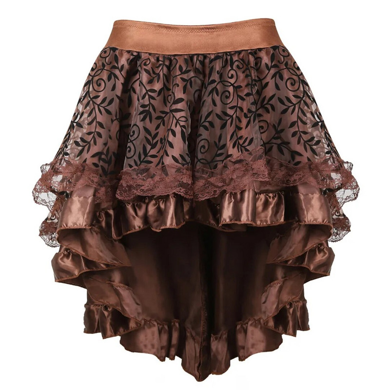 Fusta gotică din dantelă Steampunk Dantela florală asimetrică Fuste cu volane înalte și joase pentru femei Corset asortat Fusta burlescă victoriană