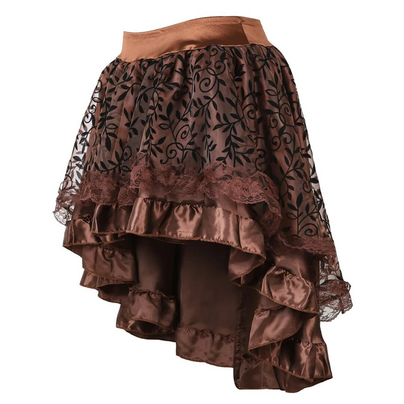Fusta gotică din dantelă Steampunk Dantela florală asimetrică Fuste cu volane înalte și joase pentru femei Corset asortat Fusta burlescă victoriană