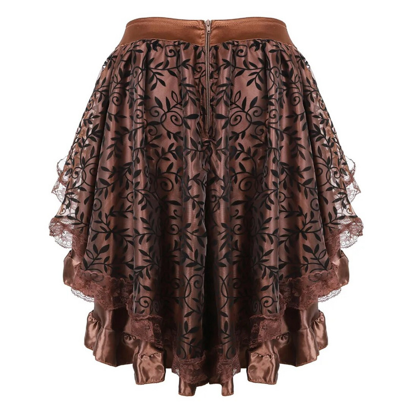 Fusta gotică din dantelă Steampunk Dantela florală asimetrică Fuste cu volane înalte și joase pentru femei Corset asortat Fusta burlescă victoriană