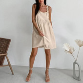 Ženska mini haljina bez leđa, na vezanje, plisirani struk, haljina A-kroja s naborima, duga iznad koljena, bez rukava, ženska haljina na naramenice