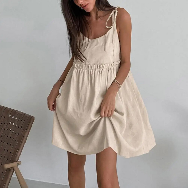 Ženska mini haljina bez leđa, na vezanje, plisirani struk, haljina A-kroja s naborima, duga iznad koljena, bez rukava, ženska haljina na naramenice