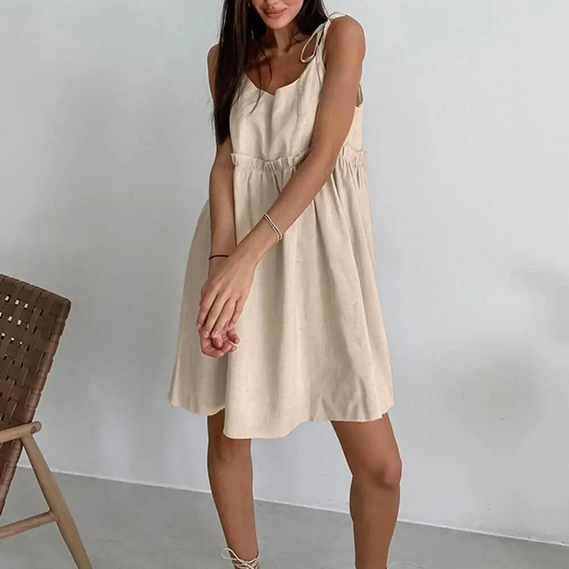 Ženska mini haljina bez leđa, na vezanje, plisirani struk, haljina A-kroja s naborima, duga iznad koljena, bez rukava, ženska haljina na naramenice