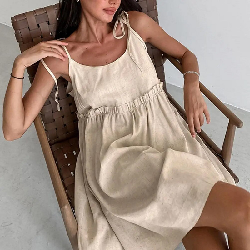 Ženska mini haljina bez leđa, na vezanje, plisirani struk, haljina A-kroja s naborima, duga iznad koljena, bez rukava, ženska haljina na naramenice