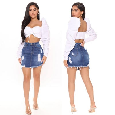 2023 Fusta scurtă de vară cu nasturi înalți din denim ocazional talie femei gaură cu ciucuri denim saia blugi mini fustă fustă de buzunar