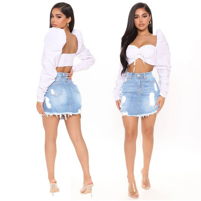 2023 Fusta scurtă de vară cu nasturi înalți din denim ocazional talie femei gaură cu ciucuri denim saia blugi mini fustă fustă de buzunar