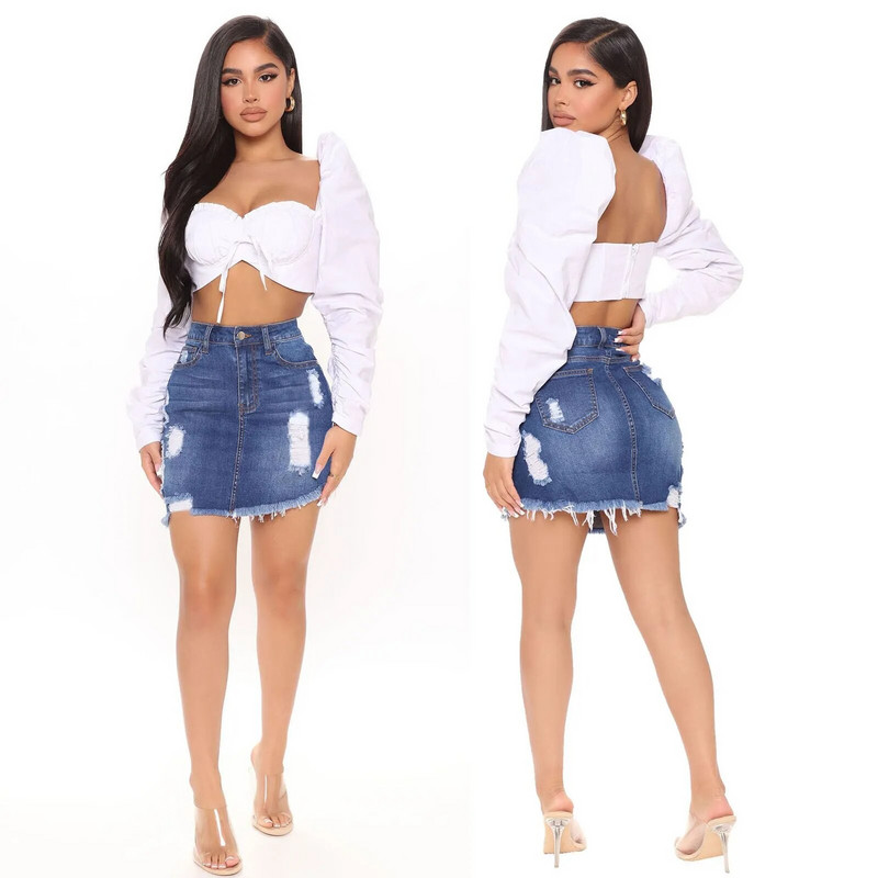2023 Fusta scurtă de vară cu nasturi înalți din denim ocazional talie femei gaură cu ciucuri denim saia blugi mini fustă fustă de buzunar