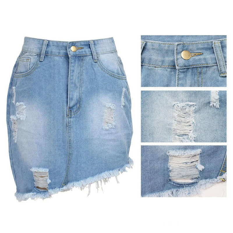 2023 Fusta scurtă de vară cu nasturi înalți din denim ocazional talie femei gaură cu ciucuri denim saia blugi mini fustă fustă de buzunar