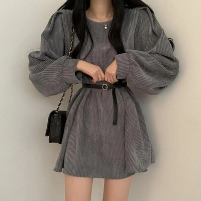 GIDYQ velveta kleita sievietēm, vintage josta, šaura minikleitas ar garām piedurknēm Modes Eleganta vienkrāsains kakla izsmalcināts ielu apģērbs rudens ziema