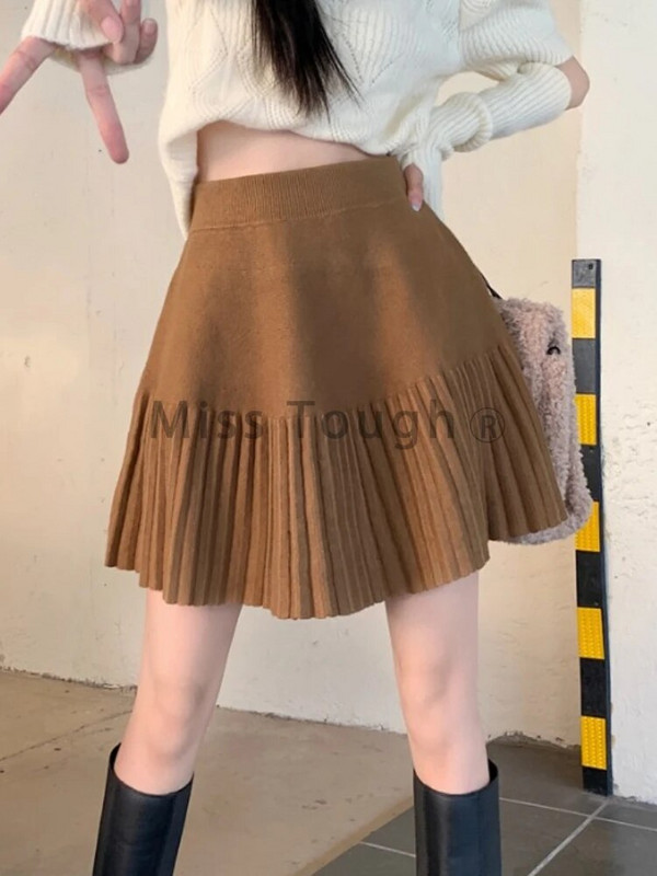 Jesenska slatka pletena suknja Ženska ležerna plisirana Kawaii džemper Mini suknja Ženska jednobojna korejska modna retro suknja princeze 2023.