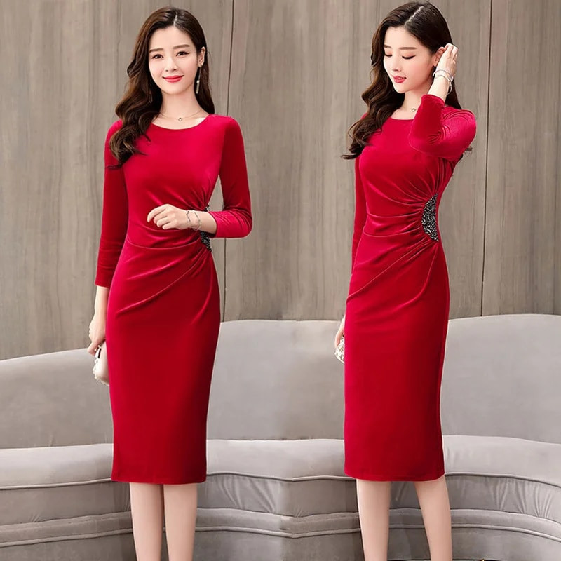 Κομψό γυναικείο φόρεμα από βελούδο παγιέτες Ανοιξιάτικο φθινόπωρο μακρυμάνικο Bodycon Φόρεμα Plus Size Vintage Party Dress Slim Wasit Midi Vestidos