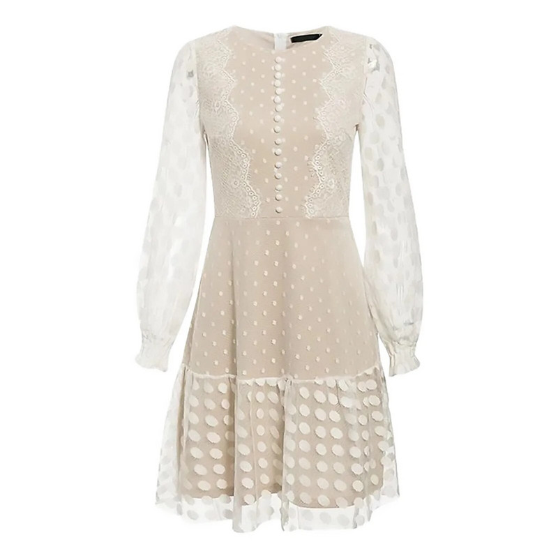 Rochie albă cu buline de damă din dantelă mozaică cu gât rotund Rochii cu mâneci lungi de culoare uni Rochie pliată, în formă de A, mini cu fantă