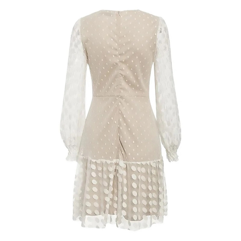 Rochie albă cu buline de damă din dantelă mozaică cu gât rotund Rochii cu mâneci lungi de culoare uni Rochie pliată, în formă de A, mini cu fantă