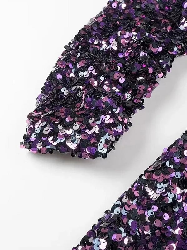 Szexi O nyakú, hát nélküli, csillogó flitteres rövid ruha női hosszú ujjú vékony lila miniruha 2023-as elegáns hölgyparti esti vestido