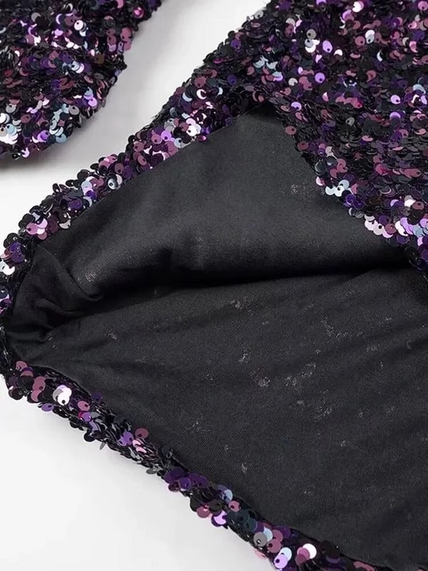 Szexi O nyakú, hát nélküli, csillogó flitteres rövid ruha női hosszú ujjú vékony lila miniruha 2023-as elegáns hölgyparti esti vestido