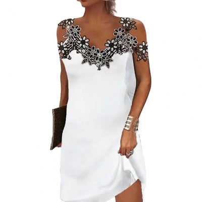 Női nyári ruha Csipke Varrás Sling Mini ruha V-nyakú hideg váll Ujjatlan Slim Fit Rövid ruha Utcai ruha