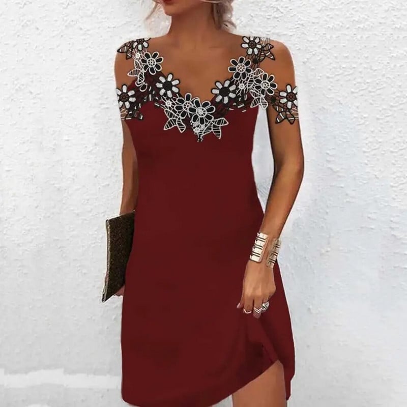 Női nyári ruha Csipke Varrás Sling Mini ruha V-nyakú hideg váll Ujjatlan Slim Fit Rövid ruha Utcai ruha