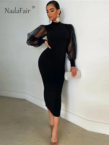 Nadafair Mesh Puff Dress Long Sleeve Dress Sexy Bodycon Women Fall Winter Black Party Midi Dress Топла елегантна вталена клубна цепка 2023