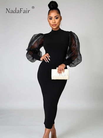 Nadafair Mesh Puff Dress Long Sleeve Dress Sexy Bodycon Women Fall Winter Black Party Midi Dress Топла елегантна вталена клубна цепка 2023