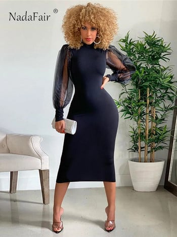 Nadafair Mesh Puff Dress Long Sleeve Dress Sexy Bodycon Women Fall Winter Black Party Midi Dress Топла елегантна вталена клубна цепка 2023