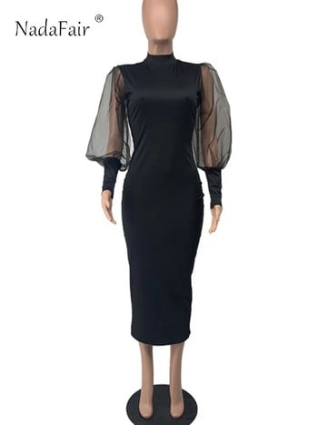 Nadafair Mesh Puff Dress Long Sleeve Dress Sexy Bodycon Women Fall Winter Black Party Midi Dress Топла елегантна вталена клубна цепка 2023