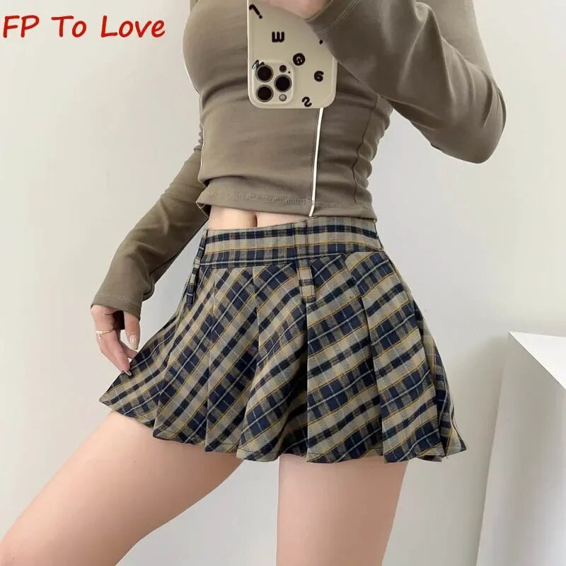 Y2K pavasario ir rudens aukšto juosmens Retro languotas klostuotas sijonas Spice Girls College Style su apačia A formos mini sijonas