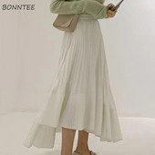 Plisirane suknje Ženske jednobojne do sredine potkoljenice Elegantna ženska proljetna odjeća Modna široka kroja Jednostavnog asimetričnog mekog dizajna Visokog struka