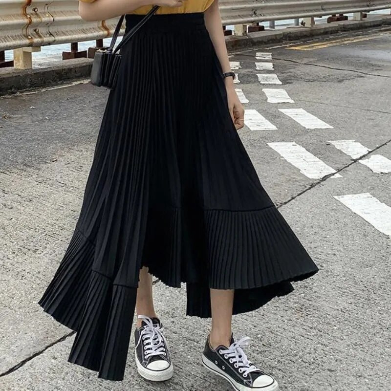 Plisirane suknje Ženske jednobojne do sredine potkoljenice Elegantna ženska proljetna odjeća Modna široka kroja Jednostavnog asimetričnog mekog dizajna Visokog struka