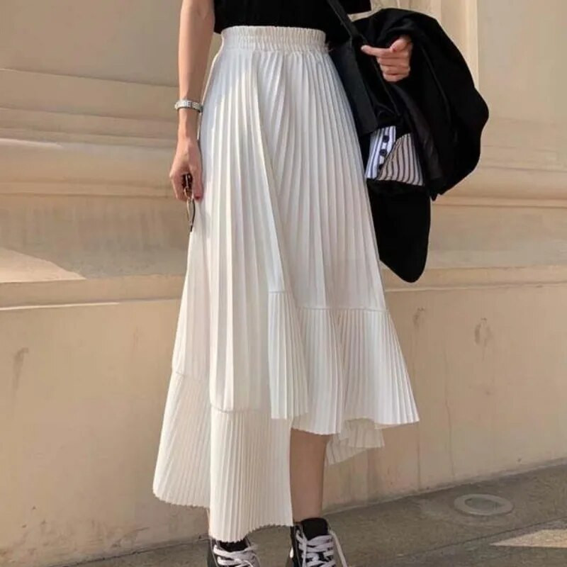 Plisirane suknje Ženske jednobojne do sredine potkoljenice Elegantna ženska proljetna odjeća Modna široka kroja Jednostavnog asimetričnog mekog dizajna Visokog struka