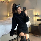 Μίνι μαύρα φορέματα με κουκούλα Γυναικεία πλεκτά Κομψό φθινόπωρο Χειμώνας Χοντρό ελεύθερο χρόνο με καθορισμένο περιτύλιγμα μέσης ισχίου streetwear Δημοφιλή γυναικεία Mujer