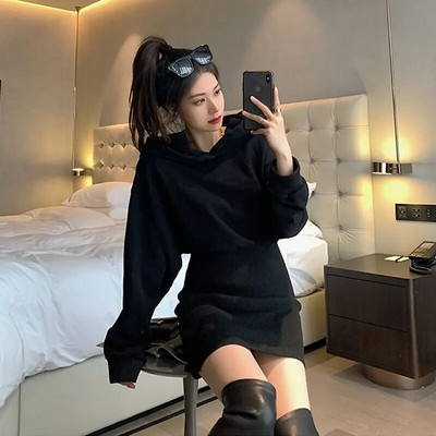Μίνι μαύρα φορέματα με κουκούλα Γυναικεία πλεκτά Κομψό φθινόπωρο Χειμώνας Χοντρό ελεύθερο χρόνο με καθορισμένο περιτύλιγμα μέσης ισχίου streetwear Δημοφιλή γυναικεία Mujer